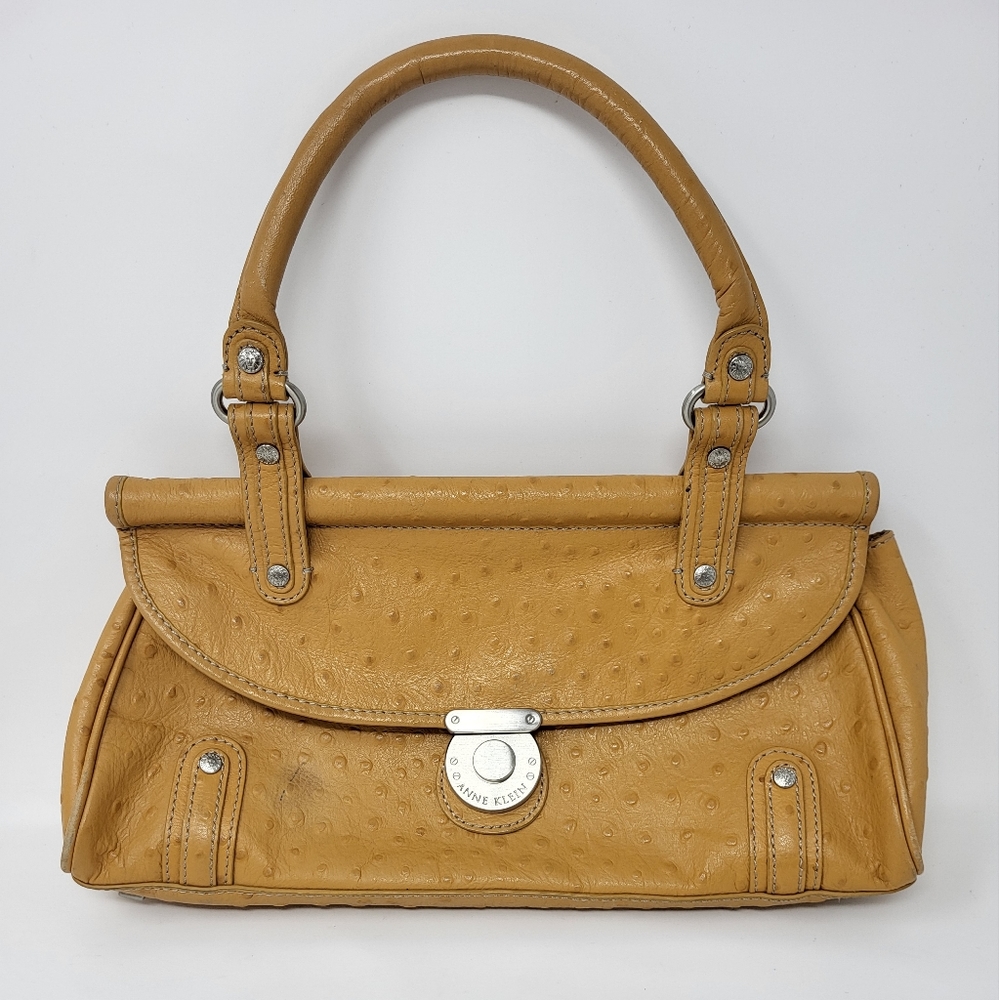 Anne Klein‎ Leather Ostrich Satchel Bag Purse Golden Yellow Mustard Color